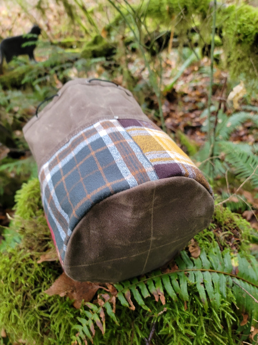 Large Cedar Bucket Bag with Patchwork Flannel on Outside Pockets PNWBUSHCRAFT