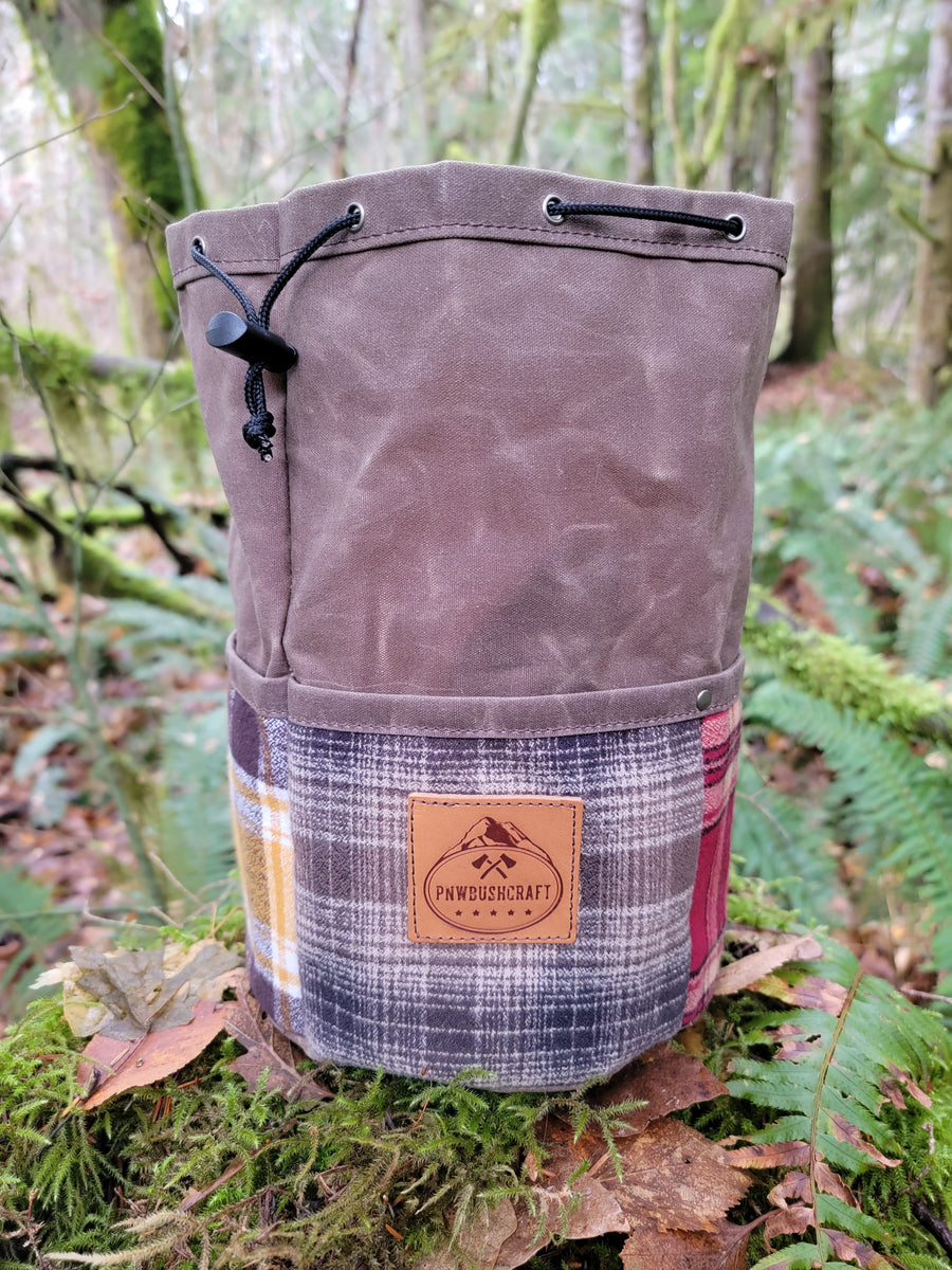 Large Cedar Bucket Bag with Patchwork Flannel on Outside Pockets PNWBUSHCRAFT