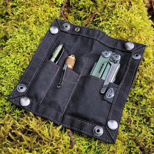 waxed canvas tray with 3 pockets for EDC filled with tools in black