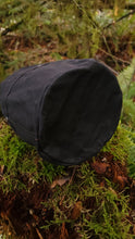 Black Waxed Canvas Cedar Bucket Bag with Outside Pockets.