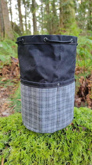 Black Waxed Canvas Cedar Bucket Bag with Grey Wool Wrapped Outside Pockets