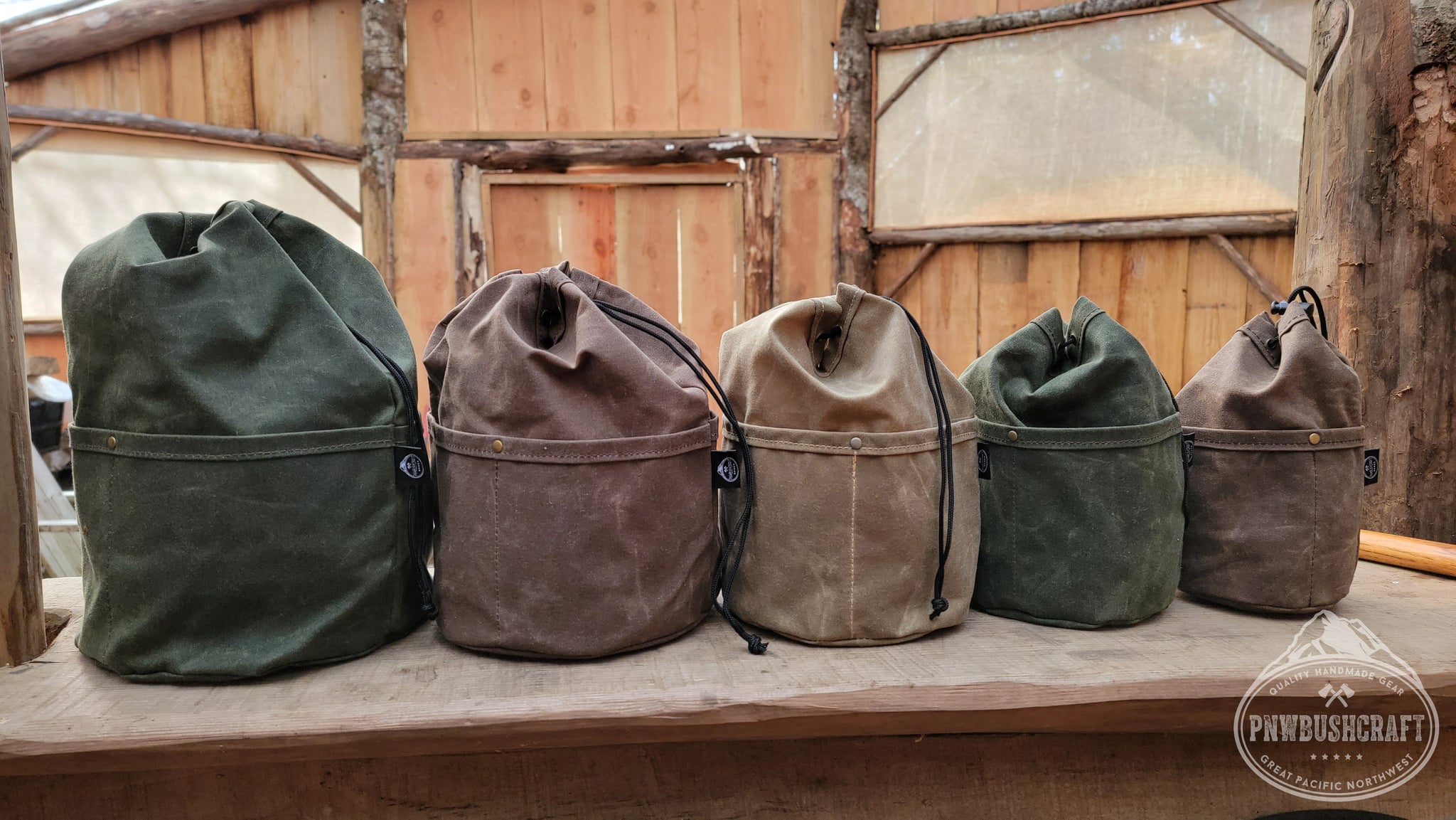 Handcrafted Waxed Canvas Cedar Bucket Bag with Outside Pockets