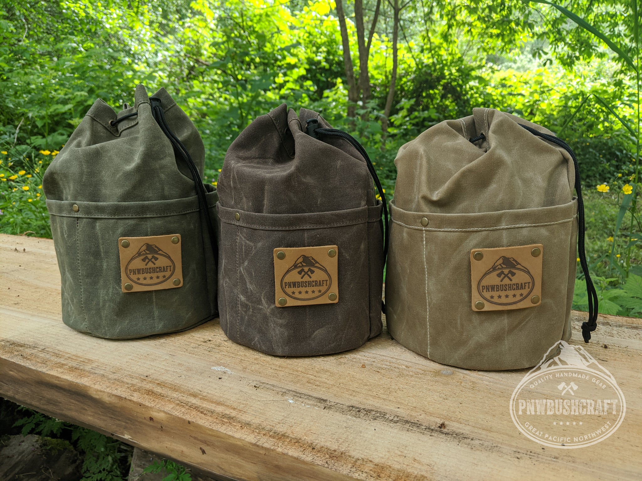 Handcrafted Waxed Canvas Cedar Bucket Bag with Outside Pockets Green