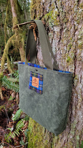 Green Waxed Canvas  and Colorful Vintage Plaid Wool Tote