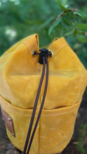 Handcrafted Yellow Waxed Canvas Cedar Bucket Bag with Outside Pockets and Leather Tag