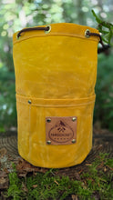 Handcrafted Yellow Waxed Canvas Cedar Bucket Bag with Outside Pockets and Leather Tag