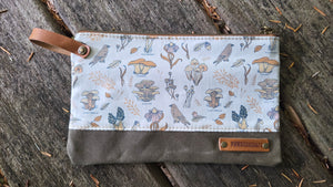 Waxed Canvas Zipper Pouch with Mushrooms and Leather Accents