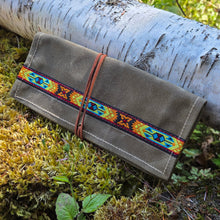 Tan Canvas Roll Up Pouch with Vintage Woven Trim