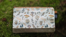 Waxed Canvas Zipper Pouch with Mushrooms and Leather Accent