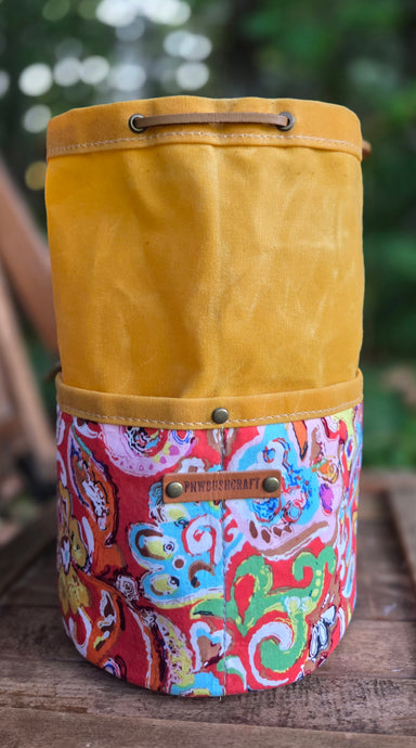 Deluxe Yellow Waxed Canvas Cedar Bucket Bag with 60's Flower Pockets