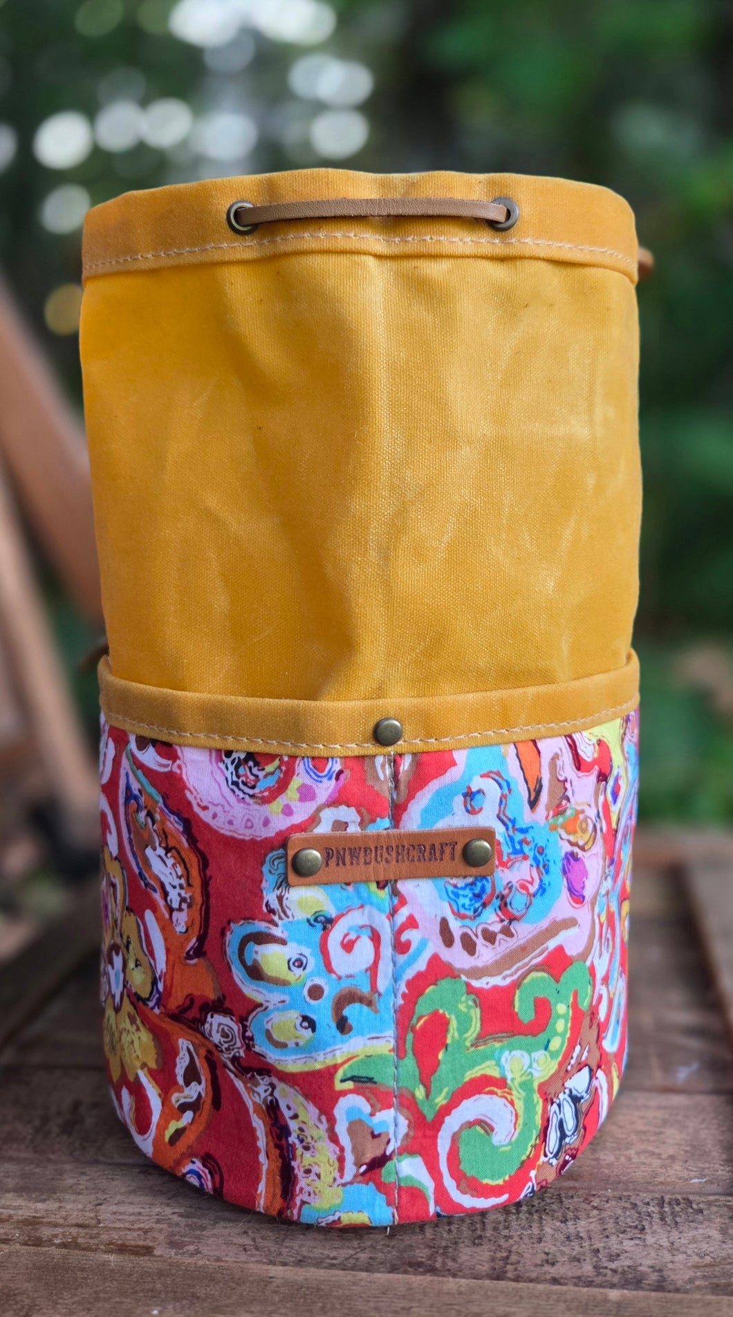 Deluxe Yellow Waxed Canvas Cedar Bucket Bag with 60's Flower Pockets