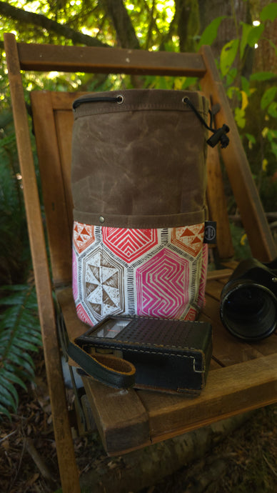 Brown Waxed Canvas Cedar Bucket Bag with Geometric Designs