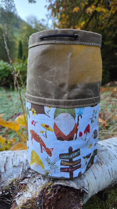 Waxed Canvas Cedar Bucket Bag with Gnomes
