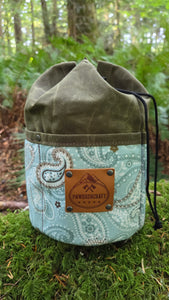 Olive Waxed Canvas Cedar Bucket Bag with Paisley Covered Pockets