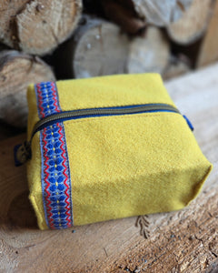 PNWBUSHCRAFT Yellow Wool Zipper Pouch with Trim and Sloth Pull