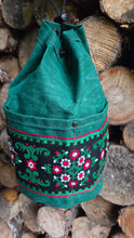 Green Cedar Bucket Bag with Vintage Trim on Outside Pocket