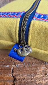PNWBUSHCRAFT Yellow Wool Zipper Pouch with Trim and Sloth Pull