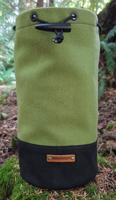 Vintage Green Wool and Black Waxed Canvas Bucket Bag