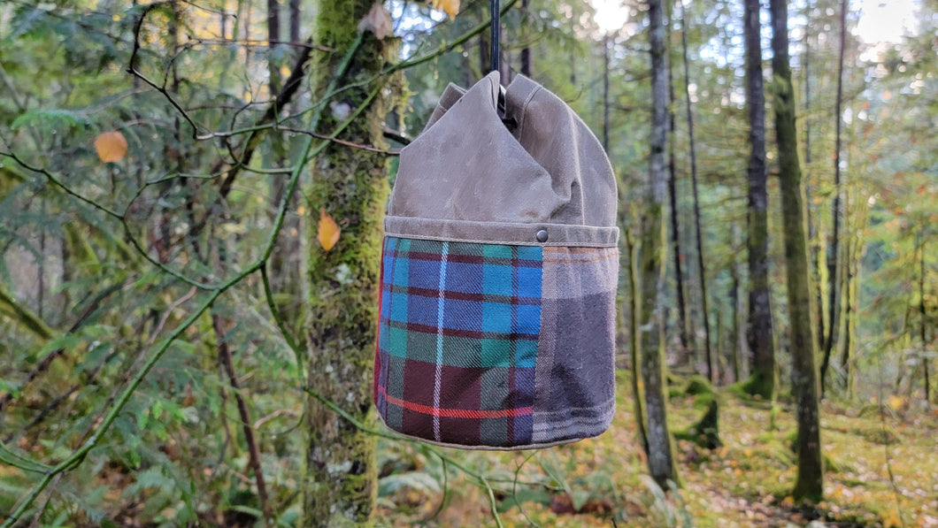 Tan Cedar Bucket Bag with Outside Pockets featuring 4 Patchwork Vintage Wool Pockets