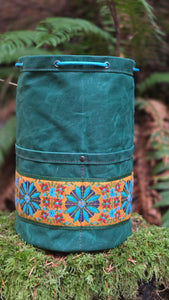 Emerald Green Cedar Bucket Bag with Vintage Trim on Outside Pocket
