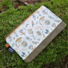Waxed Canvas Zipper Pouch with Mushrooms and Leather Accent