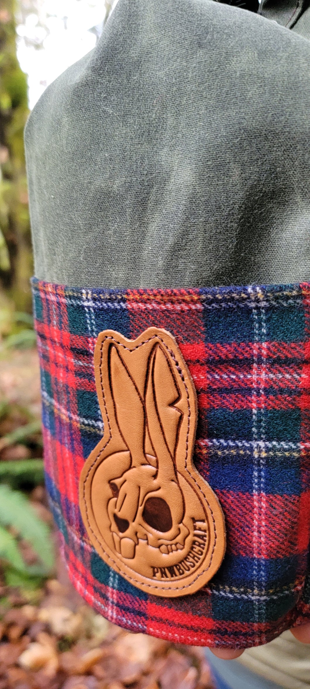 Cedar Bucket Bag with 1950s Pendleton Wool and a Leather Death Bunny Patch