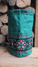 Green Cedar Bucket Bag with Vintage Trim on Outside Pocket