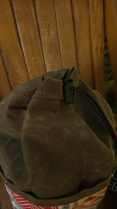 Brown Waxed Canvas Cedar Bucket Bag with Geometric Designs