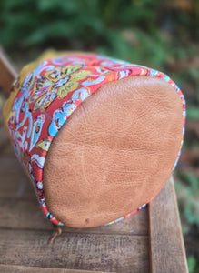 Deluxe Yellow Waxed Canvas Cedar Bucket Bag with 60's Flower Pockets
