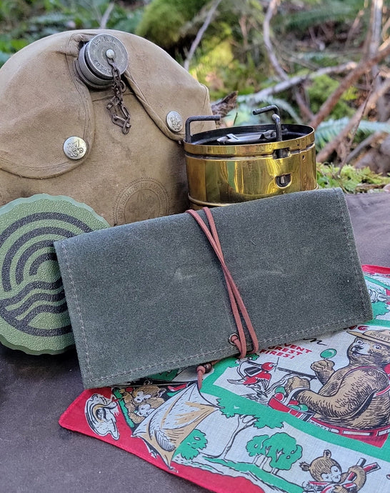 Green Waxed Canvas Roll Up Pouches with Vintage Wool Lining