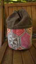 Brown Waxed Canvas Cedar Bucket Bag with Geometric Designs