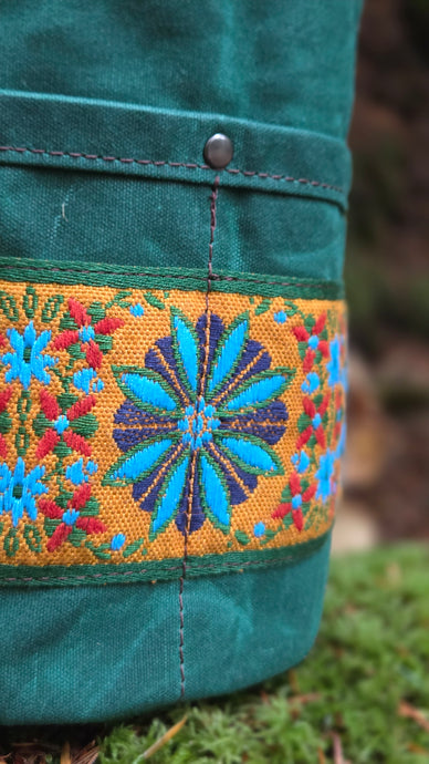 Emerald Green Cedar Bucket Bag with Vintage Trim on Outside Pocket