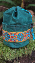 Emerald Green Cedar Bucket Bag with Vintage Trim on Outside Pocket