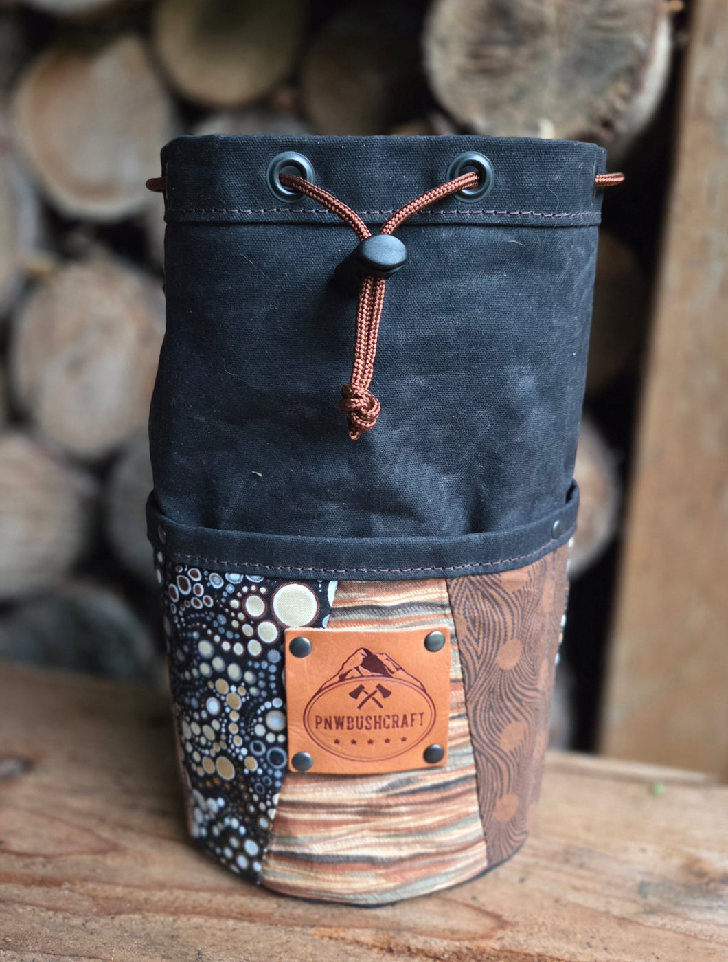 Black Waxed Canvas Cedar Bucket Bag with Patchwork Pockets