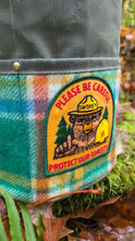 One-of-a-Kind XL Smokey Bear Cedar Bucket Bag – Vintage Patch, Wool Wrapped Pockets, 15” Tall