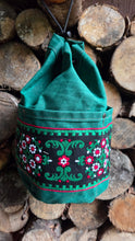 Green Cedar Bucket Bag with Vintage Trim on Outside Pocket