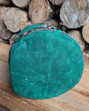 Green Cedar Bucket Bag with Vintage Trim on Outside Pocket