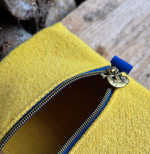 PNWBUSHCRAFT Yellow Wool Zipper Pouch with Trim and Sloth Pull