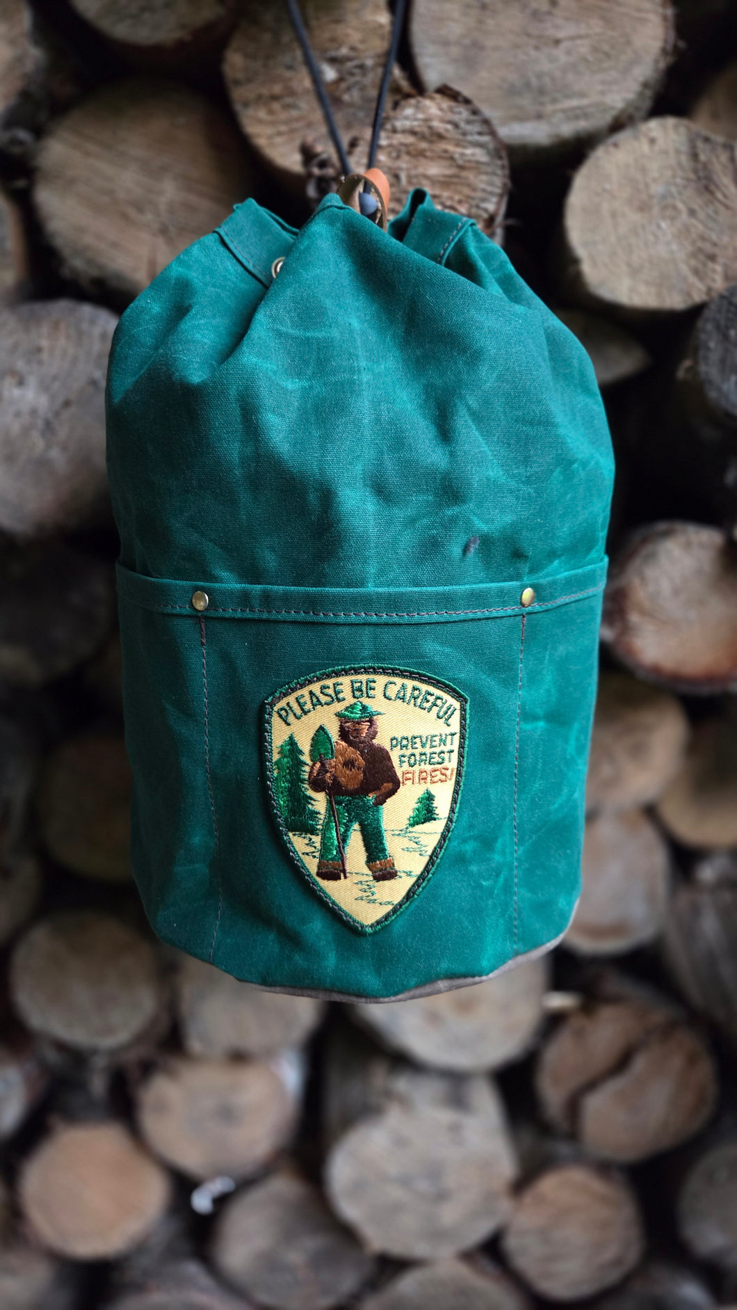 XL Green Cedar Bucket Bag – Waxed Canvas with Vintage Smokey the Bear Patch