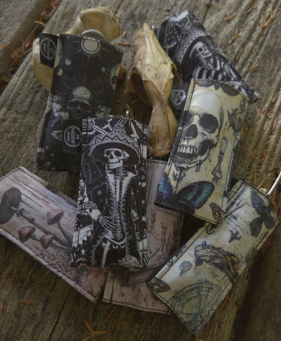 New Tiny Pocketknife Bag Slip in Waxed Canvas *Skulls and Mushrooms
