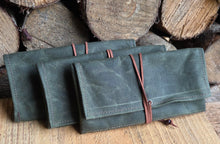 Green Waxed Canvas Roll Up Pouches with Vintage Wool Lining