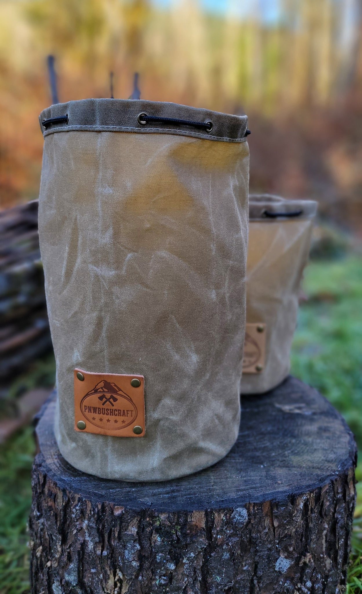 Handcrafted Waxed Canvas Cedar Bucket Bag with Outside Pockets