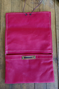 Red Canvas Roll Up Pouch with Leather Cord and Vintage Trim