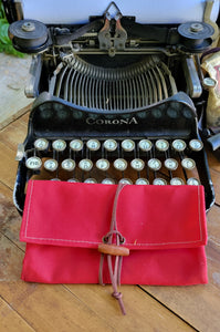 Red Canvas Roll Up Pouch with Leather Cord and Vintage Trim