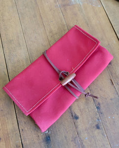 Red Canvas Roll Up Pouch with Leather Cord and Vintage Trim